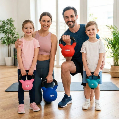 deux enfants deux adultes dans le salon montre leur kettlebells