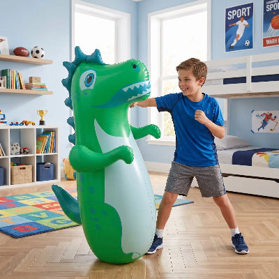 Garçon souriant frappe sur son sac de boxe dinosaure vert