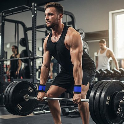 Homme fait un soulevé de terre avec barre sangle musculation