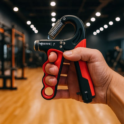 Main humaine tient un hand grip noir et rouge poignee ergonomique