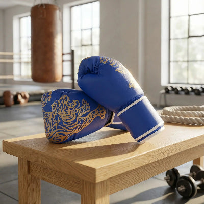Gant de boxe bleu avec poids haltère sous la table