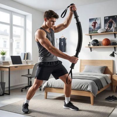 adolescent dans sa chambre plie la barre de musculation ressort