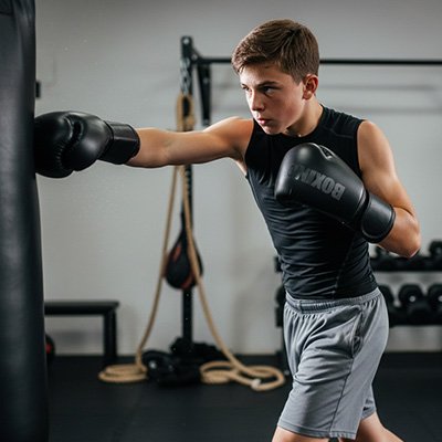 Adolescent frappe sur un sac avec gant de boxe