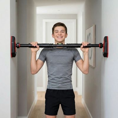 adolescent tient la barre de traction murale dans couloir souriant