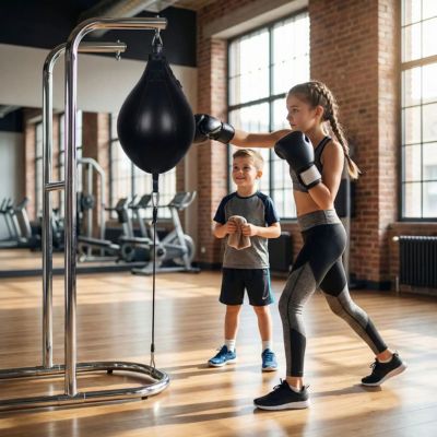 adolescente pratique son frappe sur punching ball frère la regarde