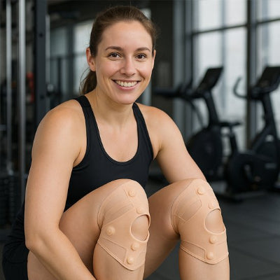 athlète souriante assise avec genouillère sport