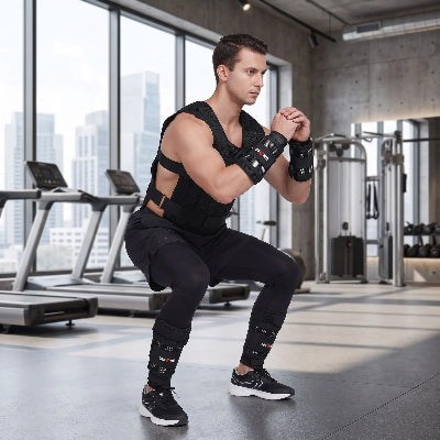 Athlete execute squat avec son pack gilet lesté 20 kg