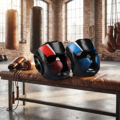 banc de cuir casque de box et gants de boxe