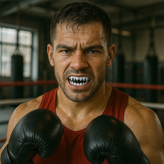 Boxeur determine sur un ring arborant un protege dent