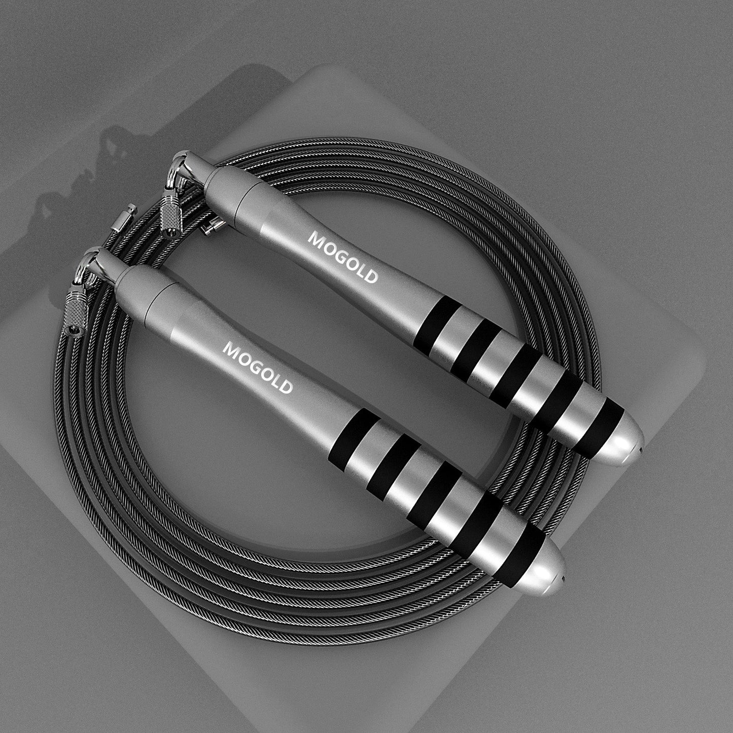 corde a sauter grise inscription mogold avec câble d'acier