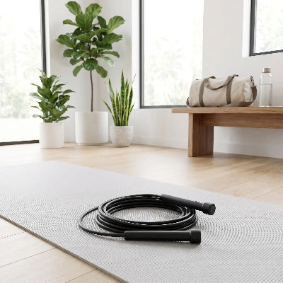 Corde a sauter noire sur un tapis gris