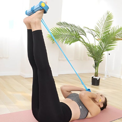 Couche sur le dos etire avec ses jambes l élastique musculation bleu