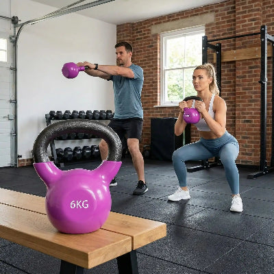 couple dans un garage pratique leur exercice avec une kettlebells
