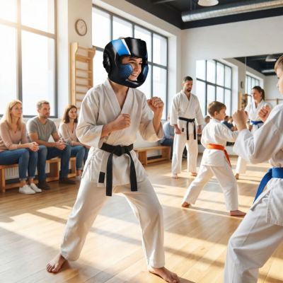 cours de karate dans gymnase avec public casque de box