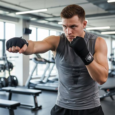 dans une salle de gym homme avec gant mma noir