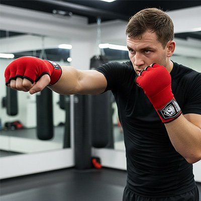 des miroirs derrière lui et sac de frappe gant mma 