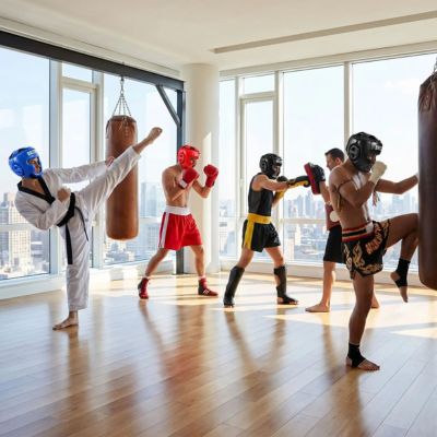 des personnes pratiquant différentes techniques avec leurs casques de boxe