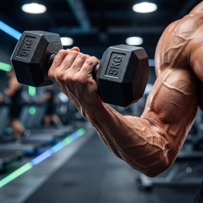 Exercice de biceps avec haltères de 5 kg en salle de sport