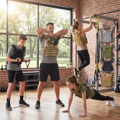 famille differents sports musculation avec differentes couleurs gilet lesté