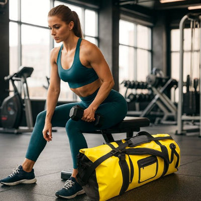 femme assise sur banc poids dans main sac de sport