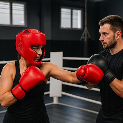 femme casque boxe entrainement avec son coach sur le ring