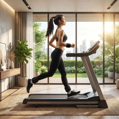 femme course sur tapis de course avec poids cheville noir