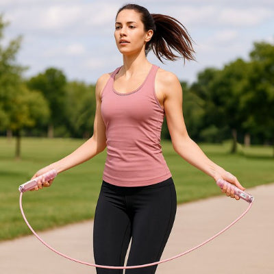 femme dans un parc saute avec une corde a sauter​