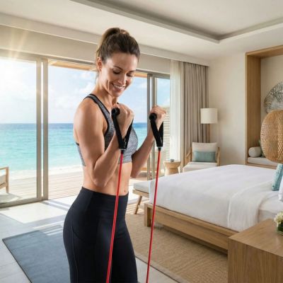 Femme fait entraînement élastiques musculation chambre hôtel bord de mer