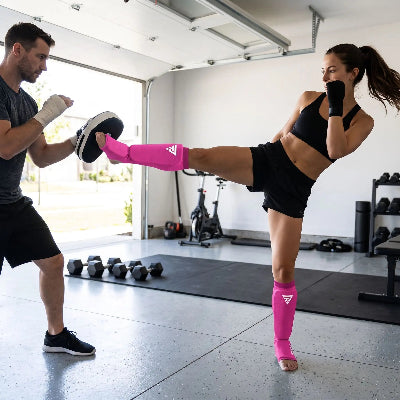 Femme frappant sur un pao boxe avec un protege tibia rose