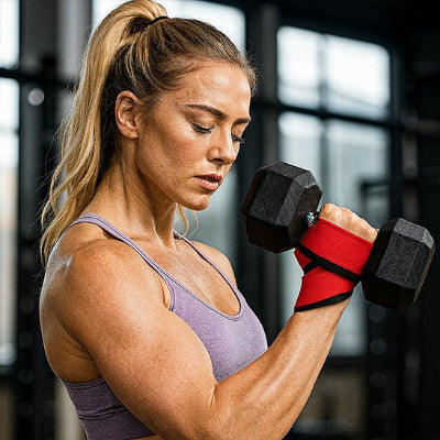 femme muscle sangle de tirage rouge autour de la main