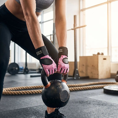 Femme souleve kettlebell avec gant musculation rose