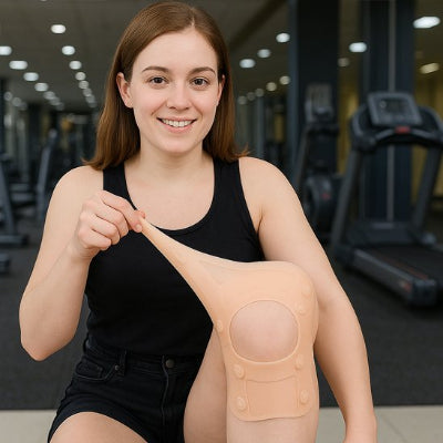 fille assise genoux plies etire la genouillère sport beige