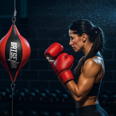 fille concentree muscles, gants de boxe rouges punching ball adulte