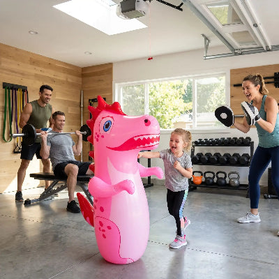 Fillette frappe sur sac de boxe dinosaure maman papa musculation