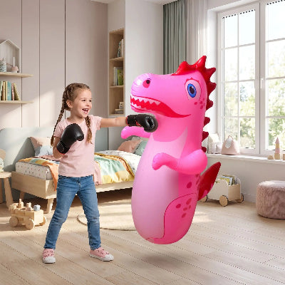 Fillette gants de boxe noir sac de boxe dinosaure rose