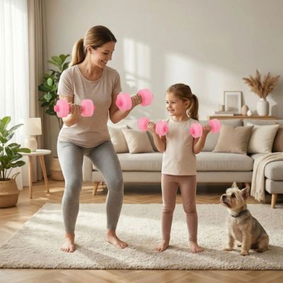 Fillette maman exercice haltere reglable dans salon petit chien regarde