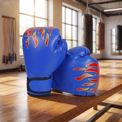 gant de boxe bleu dessin de flamme sur un banc