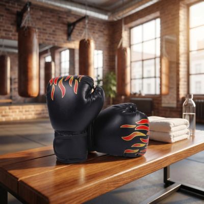 gant de boxe noir dessin de flamme sur un banc