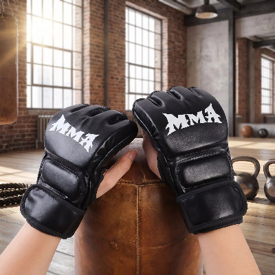 Gant de boxe noir pour le MMA sur un sac de frappe