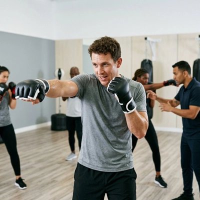 Gant de boxe noir utilise lors d un entrainement en salle