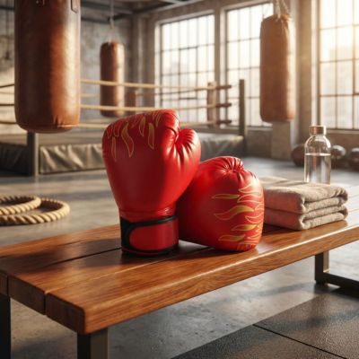 gant de boxe rouge dessin de flamme sur un banc