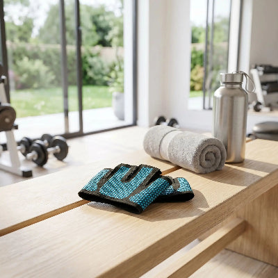 Gant musculation bleu sur un banc de fitness