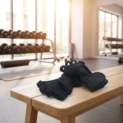 Gant musculation Grip Renforce noir sur un banc de bois