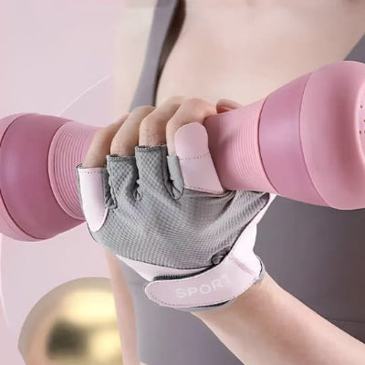 Gant musculation gris et rose sans doigts utilise pour soulever haltere