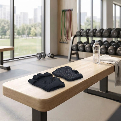 Gant musculation noir pose sur un banc de salle de sport 