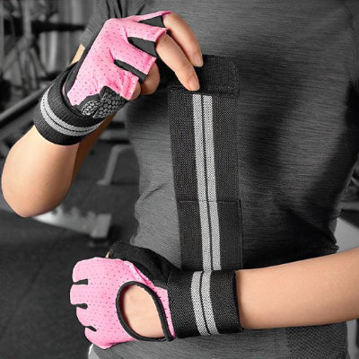Gant musculation rose demi doigts sangle grise et noir