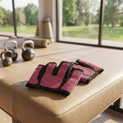 Gant musculation rose et noir sur un banc revetu de simili cuir
