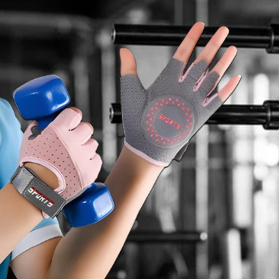 Gants pour la musculation sans doigts tenant un haltere bleu
