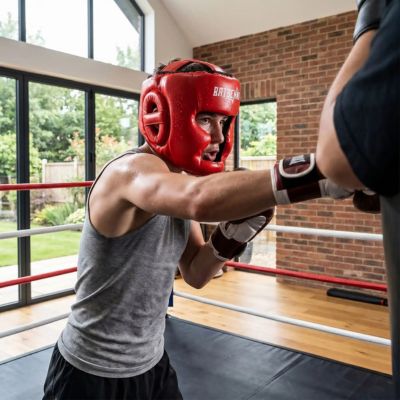 garcon frappe sur sac de frappe avec casques de boxe