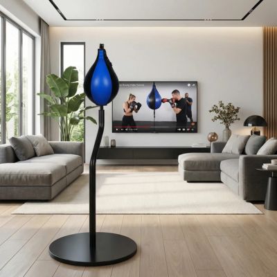 gauche punching ball bleu installé sur poteau noir vertical salon